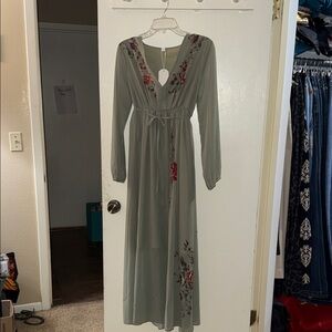 Elegant Olive Long Sleeve Dress with Floral Accents